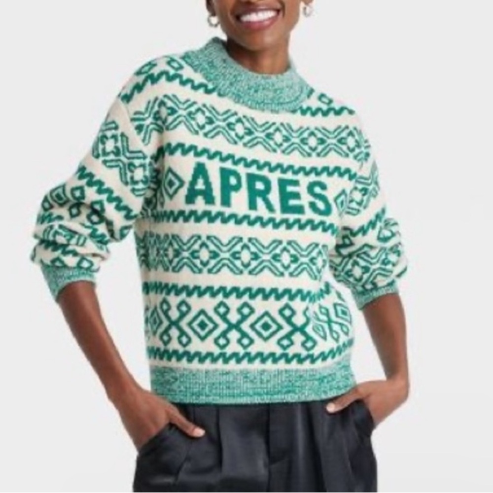a new day | Green and Cream Apres Patterned Sweater